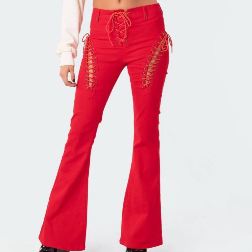 Edikted Engine Red Lace-Up Flared Jeans